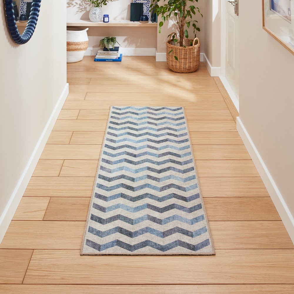 Coral H1059 Modern Washable Chevron Runner Rugs in Blue